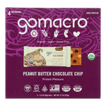 GoMacro MacroBar Peanut Butter Chocolate Chip flavor in purple and beige packaging showing USDA Organic, Vegan, and Gluten-Free certifications.
