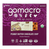 GoMacro MacroBar Peanut Butter Chocolate Chip flavor in purple and beige packaging showing USDA Organic, Vegan, and Gluten-Free certifications.