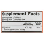 Supplement Facts label for NOW Magnesium Citrate 400 mg tablets – serving size, daily value, and ingredients

