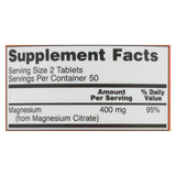 Supplement Facts label for NOW Magnesium Citrate 400 mg tablets – serving size, daily value, and ingredients


