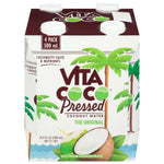 Front view of Vita Coco Pressed Coconut Water with Pulp 4-pack showing logo and tropical design, 100% pure hydration.