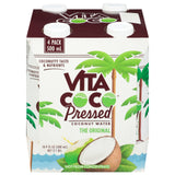 Front view of Vita Coco Pressed Coconut Water with Pulp 4-pack showing logo and tropical design, 100% pure hydration.