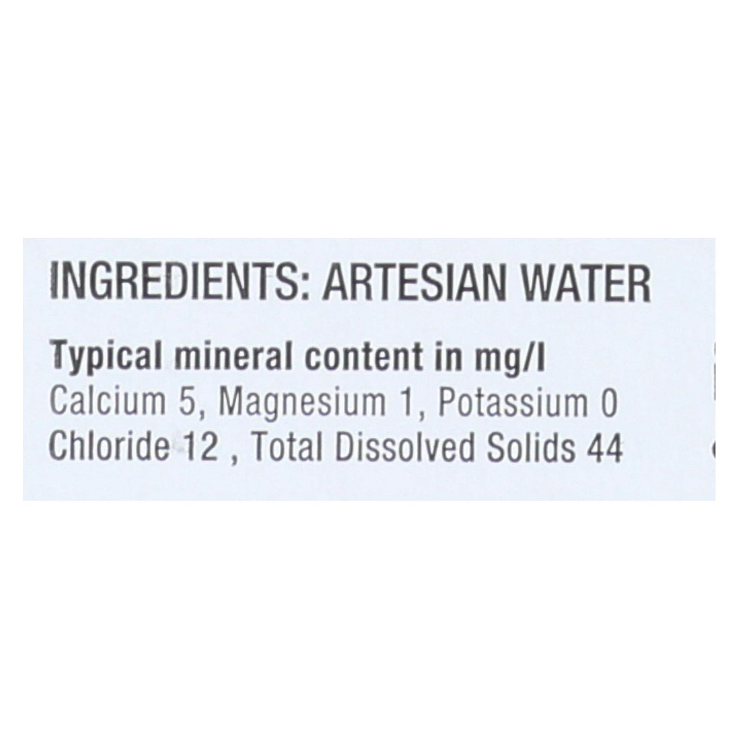 VOSS Still Water 375ml – ingredients label featuring 100% artesian water bottled at the source in Norway.