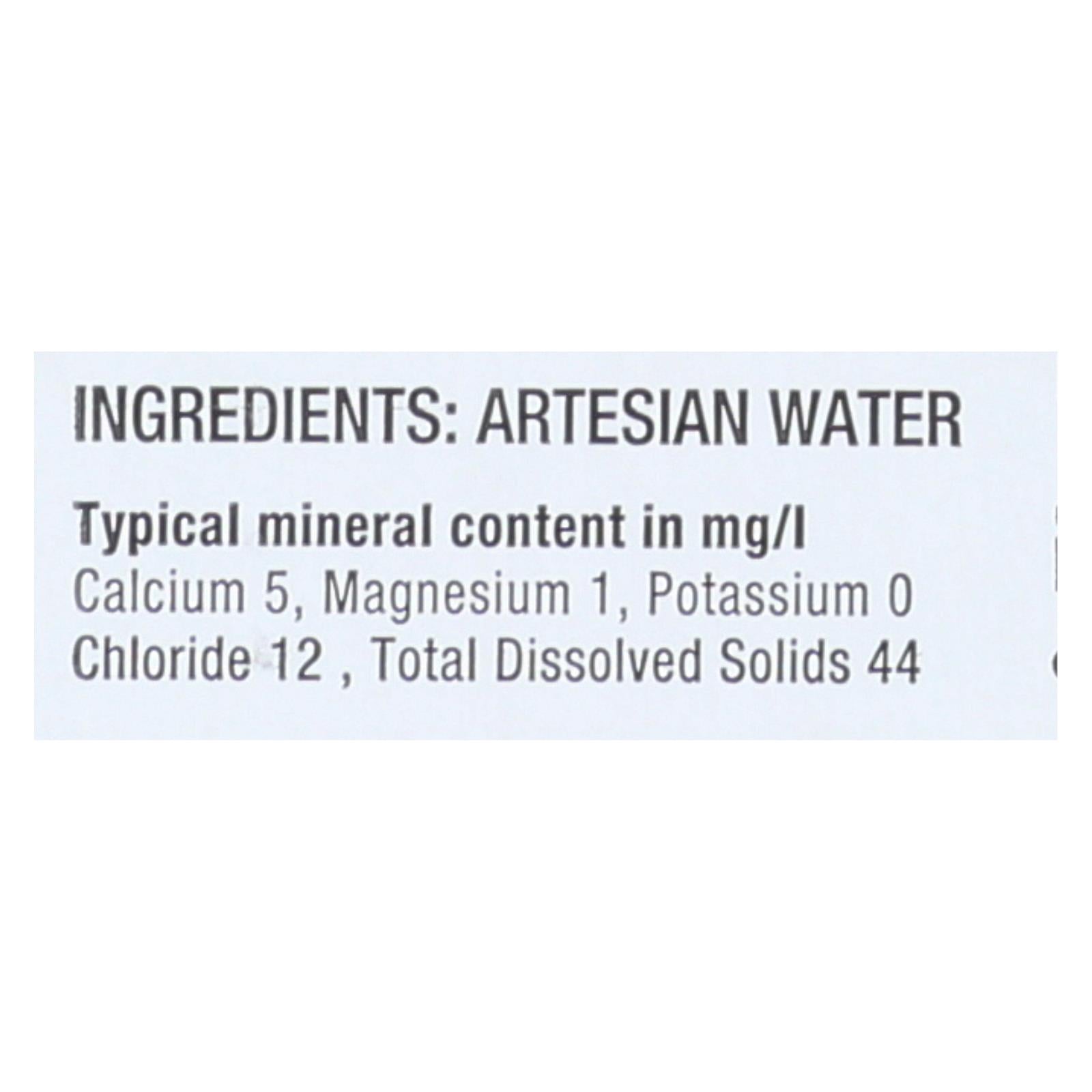 VOSS Still Water 375ml – ingredients label featuring 100% artesian water bottled at the source in Norway.
