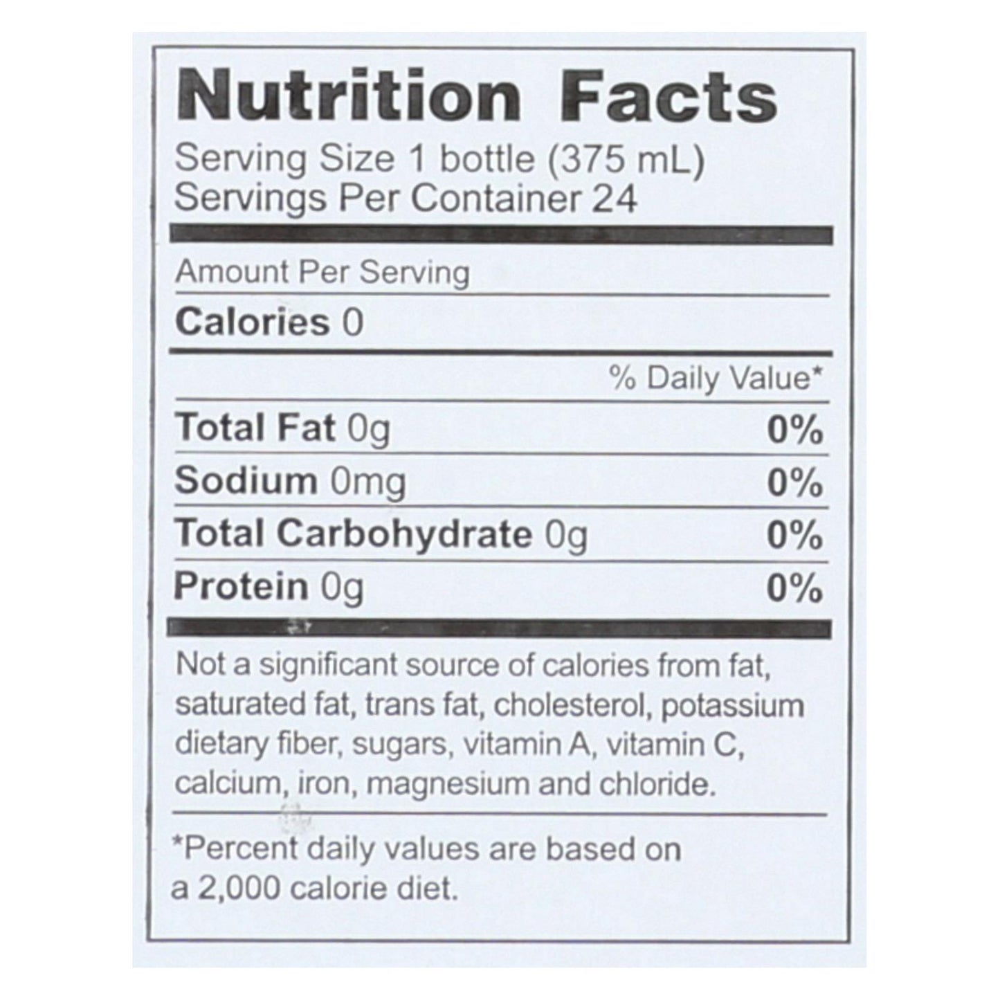 VOSS Still Water 375ml – nutrition facts label showing 0 calories and 0 sodium.