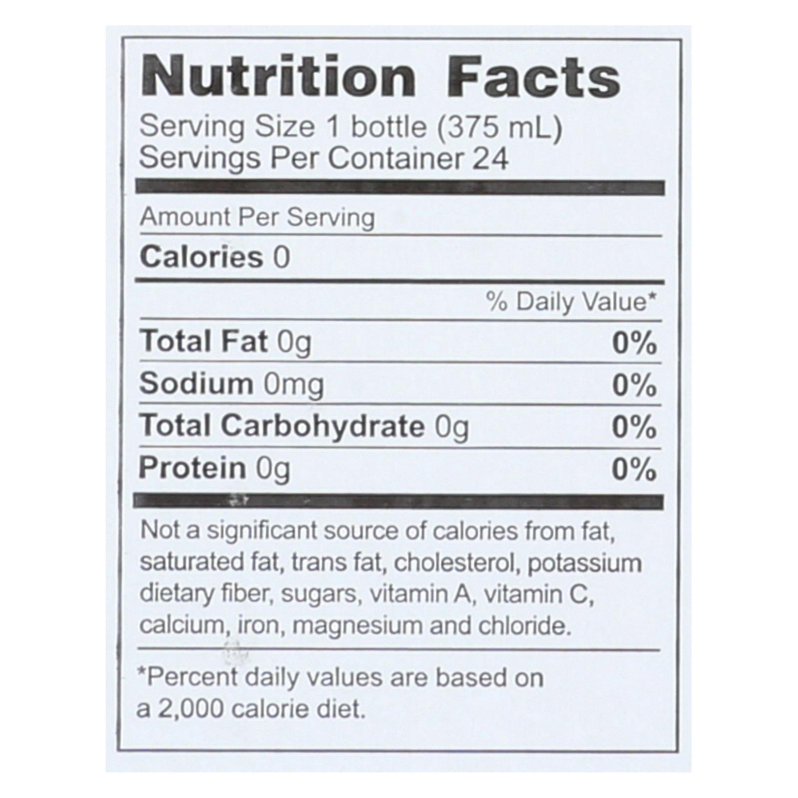 VOSS Still Water 375ml – nutrition facts label showing 0 calories and 0 sodium.