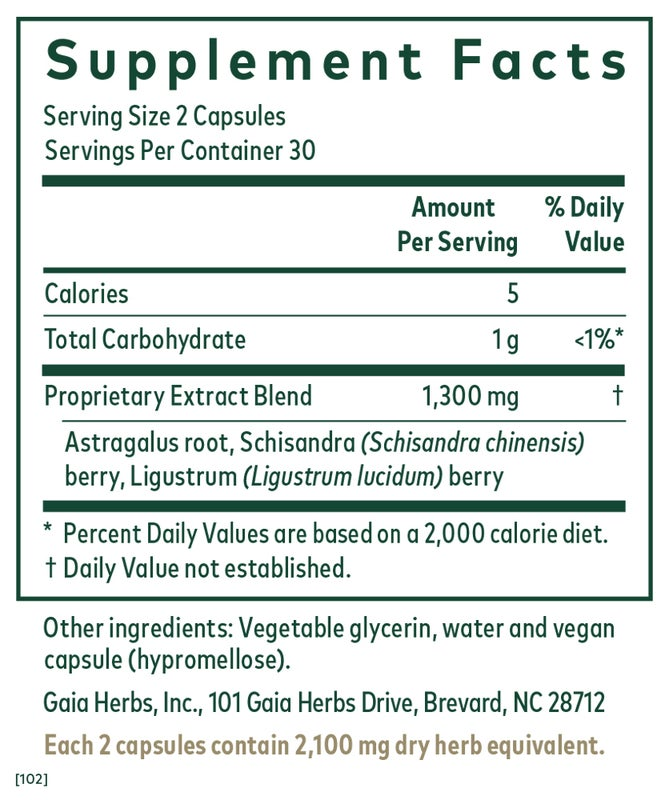 Supplement facts label for Gaia Professionals 3-in-1 Immune Formula - 60 ct, detailing ingredients like Astragalus root and Schisandra berry.