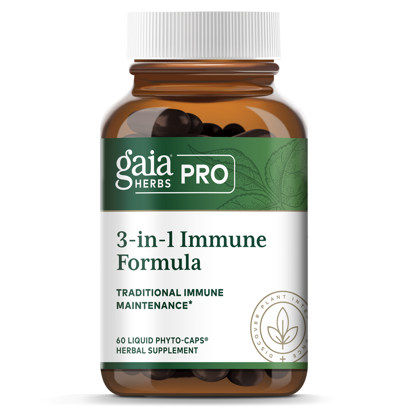Front view of Gaia Professionals 3-in-1 Immune Formula - 60 ct bottle, a natural immune support supplement with 60 liquid phyto-caps.