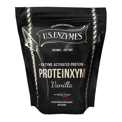 Front view of Proteinxym Vanilla vegan protein powder by U.S. Enzymes, highlighting enzyme-activated formula and clean, allergen-free ingredients.
