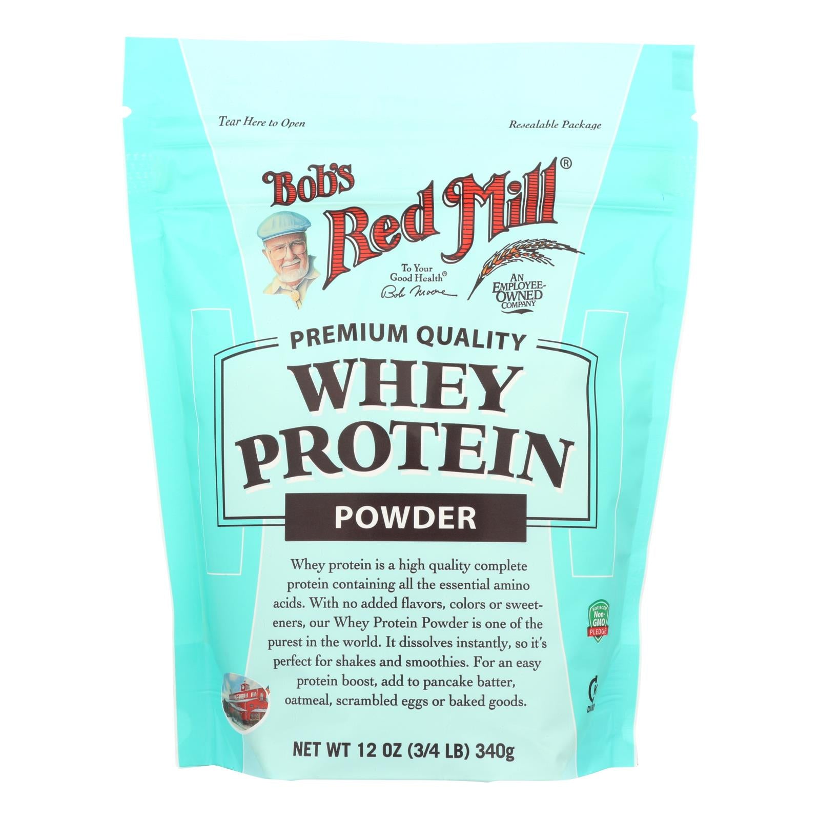 Bob's Red Mill Whey Protein Powder 12 oz pouch, 14g protein per serving, unflavored, ideal for shakes, baking, and fitness nutrition.