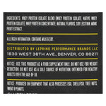 Back label of Ascent Vanilla Bean Whey Protein – 25g Clean Protein, 5.5g BCAAs showing ingredients, allergen info, and manufacturer address.
