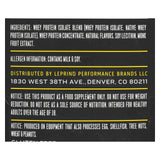 Back label of Ascent Vanilla Bean Whey Protein – 25g Clean Protein, 5.5g BCAAs showing ingredients, allergen info, and manufacturer address.