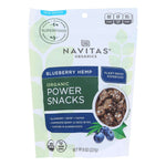 Lifestyle flatlay with Navitas Organics Blueberry Hemp Power Snacks and blueberries – clean energy on-the-go

