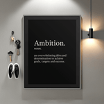Modern black canvas wall art featuring the definition of “Ambition” in a clean minimalist font.