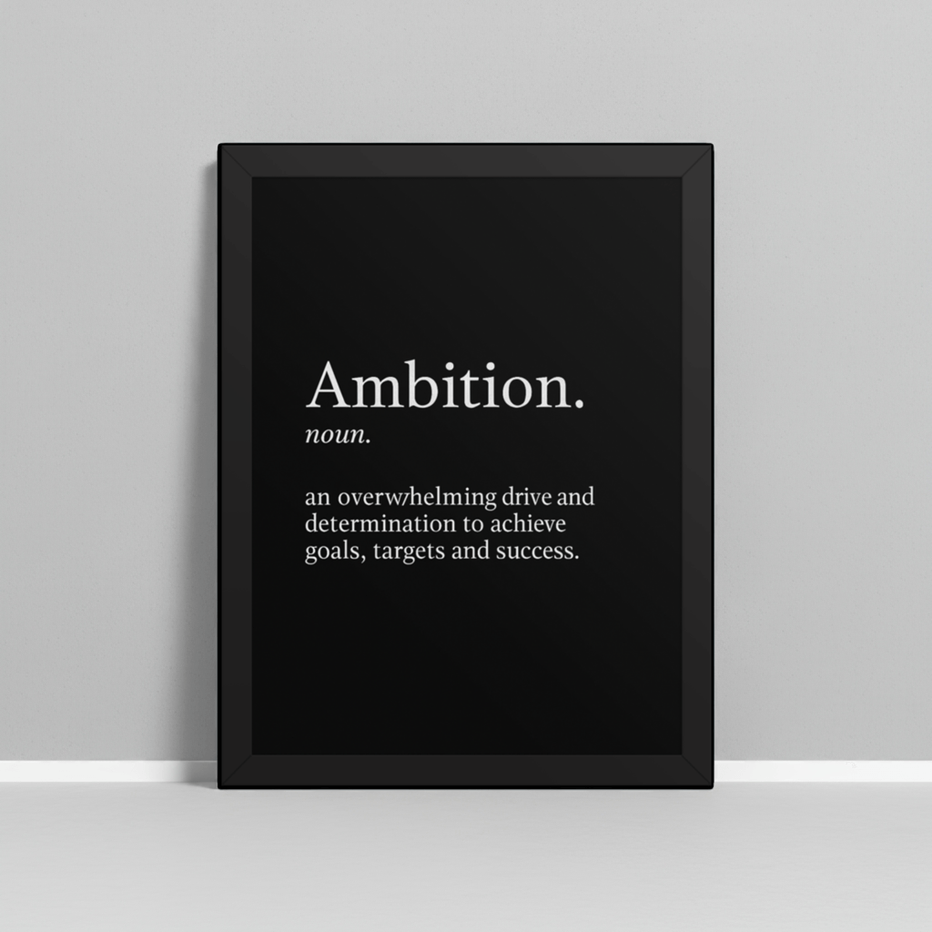 Motivational wall print with the word “Ambition” and its definition, designed in white text on a sleek black background.