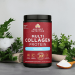 Product displayed on a kitchen counter surrounded by fresh herbs and a scoop of powder, promoting natural wellness.