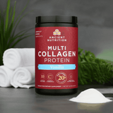 Collagen protein container placed with a coconut, green towel, and spoon, evoking a healthy and calming lifestyle.