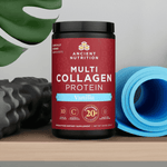 Collagen jar next to gym accessories like a resistance band and water bottle, ideal for recovery and fitness routines.