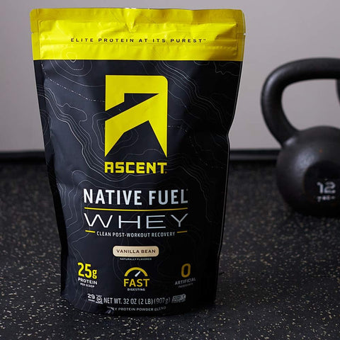 Ascent Vanilla Bean Whey Protein – 25g clean protein and 5.5g BCAAs in a 2 lb pouch, ideal for post-workout recovery and muscle building support.