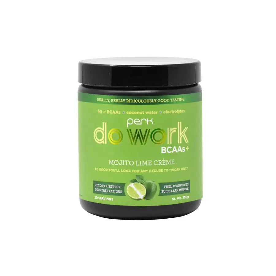 Front view of Do Work BCAA+ Mojito Lime Crème jar, a vegan electrolyte and amino acid drink mix for muscle recovery and hydration.