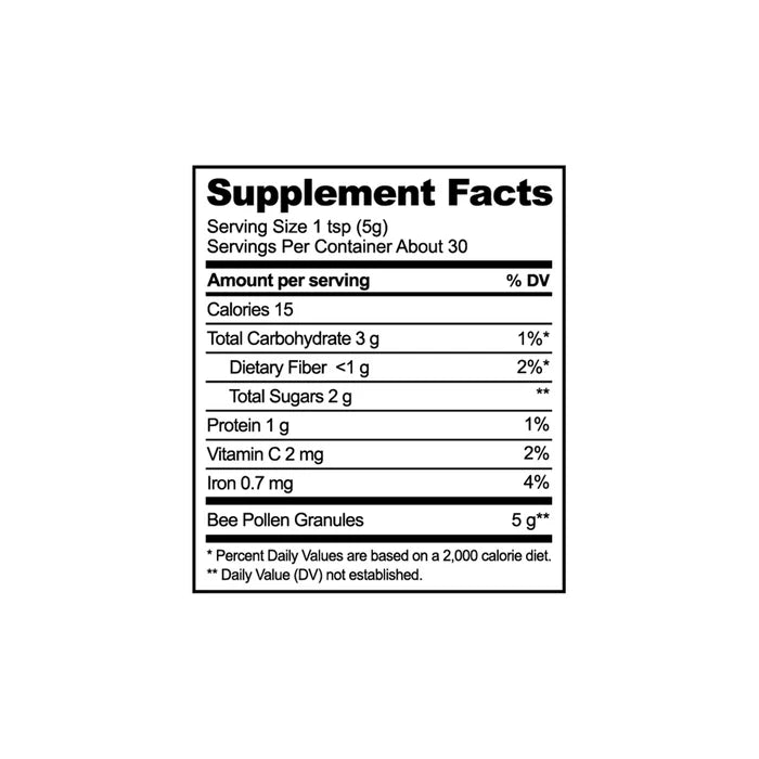 Nutritional facts label of Beekeeper’s Naturals Bee Pollen, displaying values per serving.