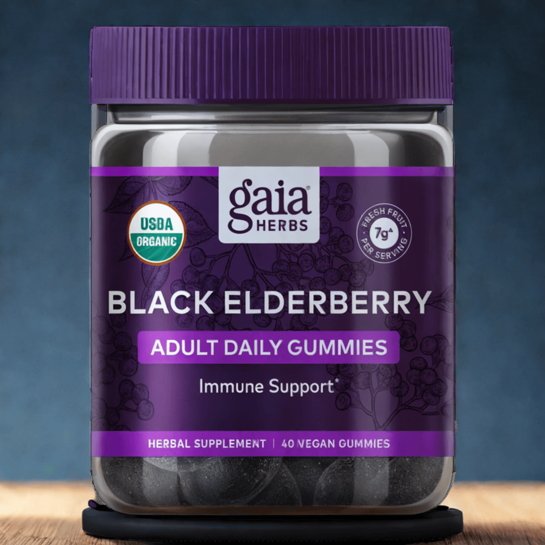 Black Elderberry Gummies - Organic Immune Support | 40 ct jar with USDA Organic label, vegan formula, and 7g fresh fruit per serving.