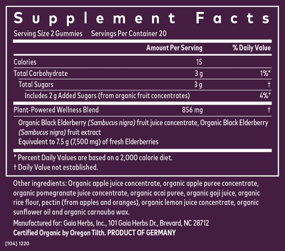 Supplement Facts label for Black Elderberry Gummies - Organic Immune Support | 462 mg elderberry per serving, no added sugars, vegan ingredients.
