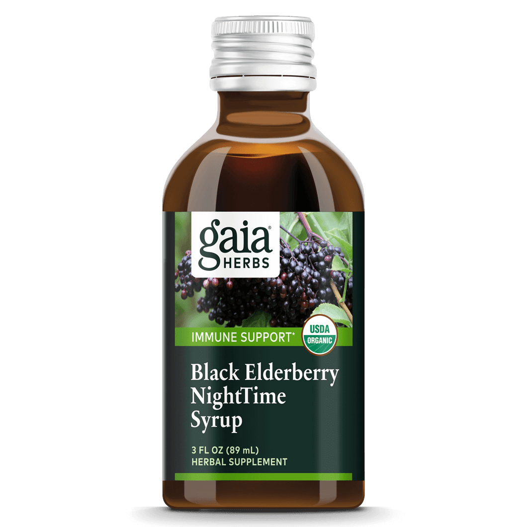 Front view of Black Elderberry Syrup - Organic Sleep Support | Immune Health bottle, USDA Organic herbal supplement for immune and sleep support.