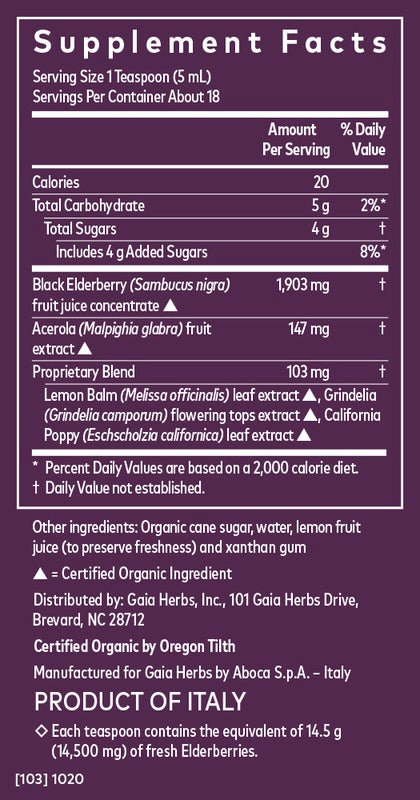 Supplement facts label for Black Elderberry Syrup - Organic Sleep Support | Immune Health, detailing ingredients like elderberry, lemon balm, and acerola.