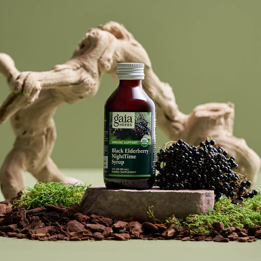 Black Elderberry Syrup - Organic Sleep Support | Immune Health bottle on natural display with elderberries and wood, ideal for nighttime immune support.