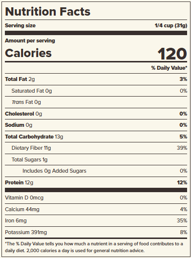 Nutrition facts label for Bob's Red Mill Hemp Protein Powder – 16 oz, showing 12g protein, 13g fiber, and 120 calories per 1/4 cup serving.