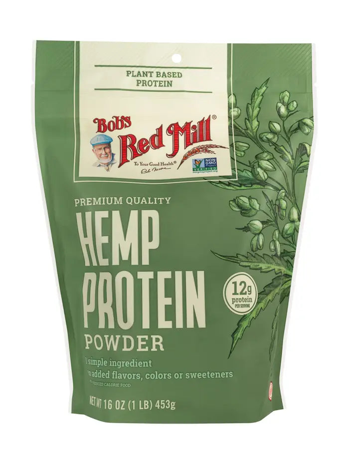 Bob's Red Mill Hemp Protein Powder 16 oz pouch with 12g plant-based protein, ideal for smoothies and baking, gluten-free and vegan.