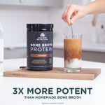 Equip Prime Protein Chocolate tub with highlight text “3X More Potent” and hand scooping powder into a smoothie.