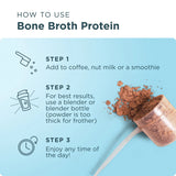 Instructions on how to use Bone Broth Protein: Mix 1 scoop with hot or cold water or add to smoothies, featuring a scoop with chocolate powder.