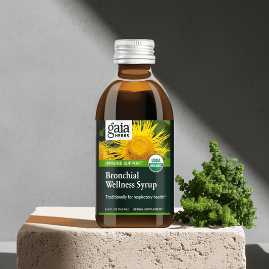 Bronchial Wellness Herbal Syrup bottle front view on natural stone background with fresh herbs

