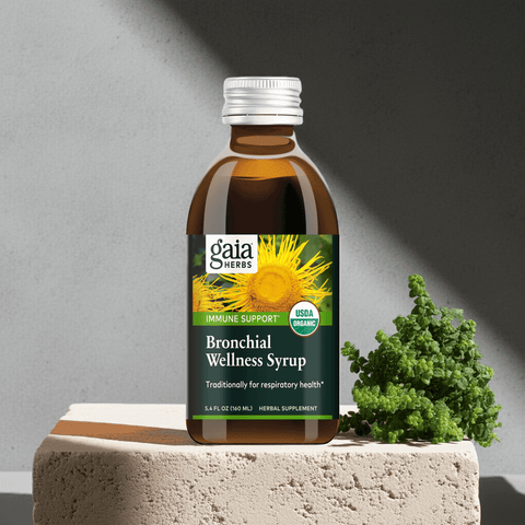 Bronchial Wellness Herbal Syrup bottle front view on natural stone background with fresh herbs


