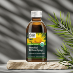Organic Bronchial Herbal Syrup bottle next to green plant, highlighting natural formula


