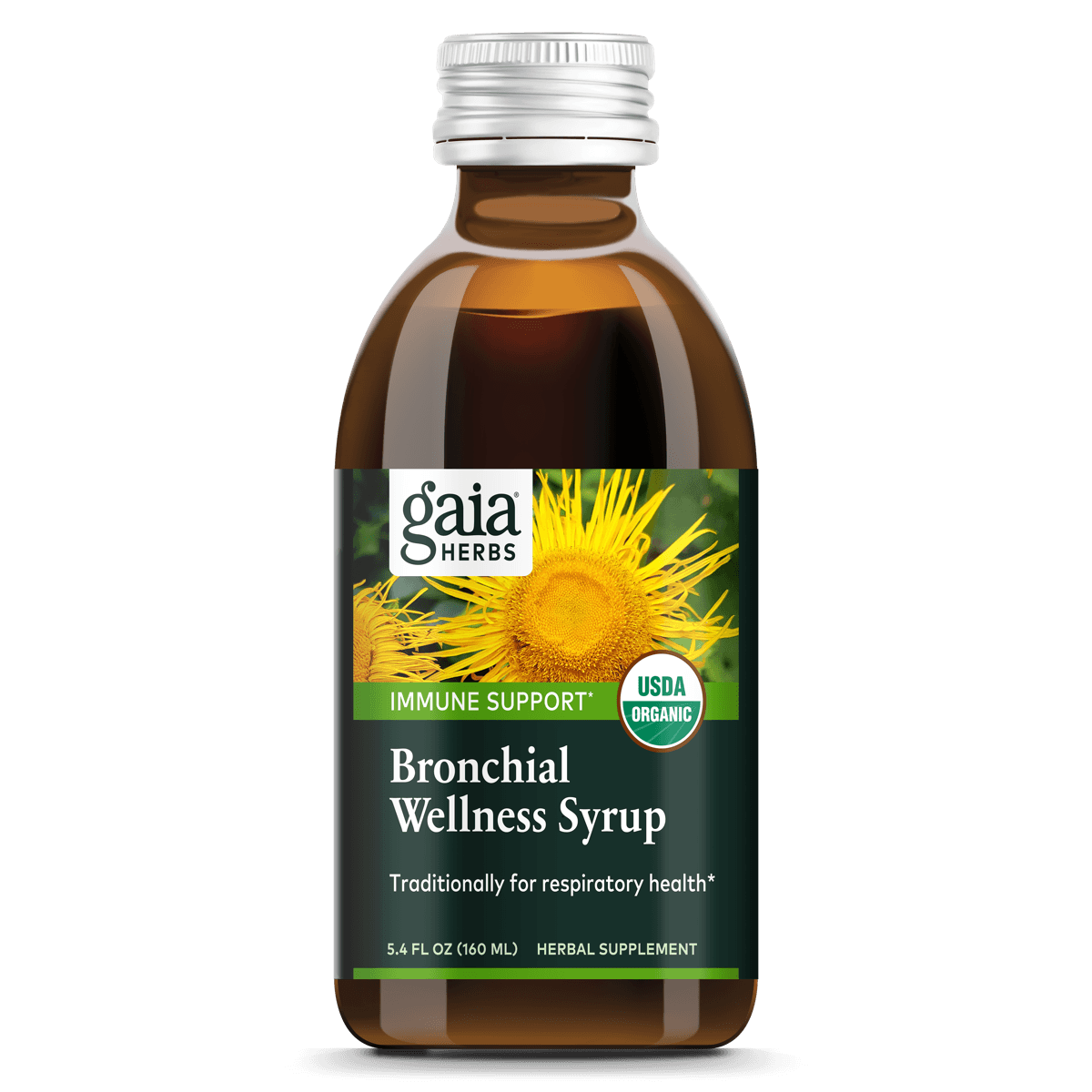 Front-facing bottle of Gaia Bronchial Wellness Syrup on white background for clean product showcase

