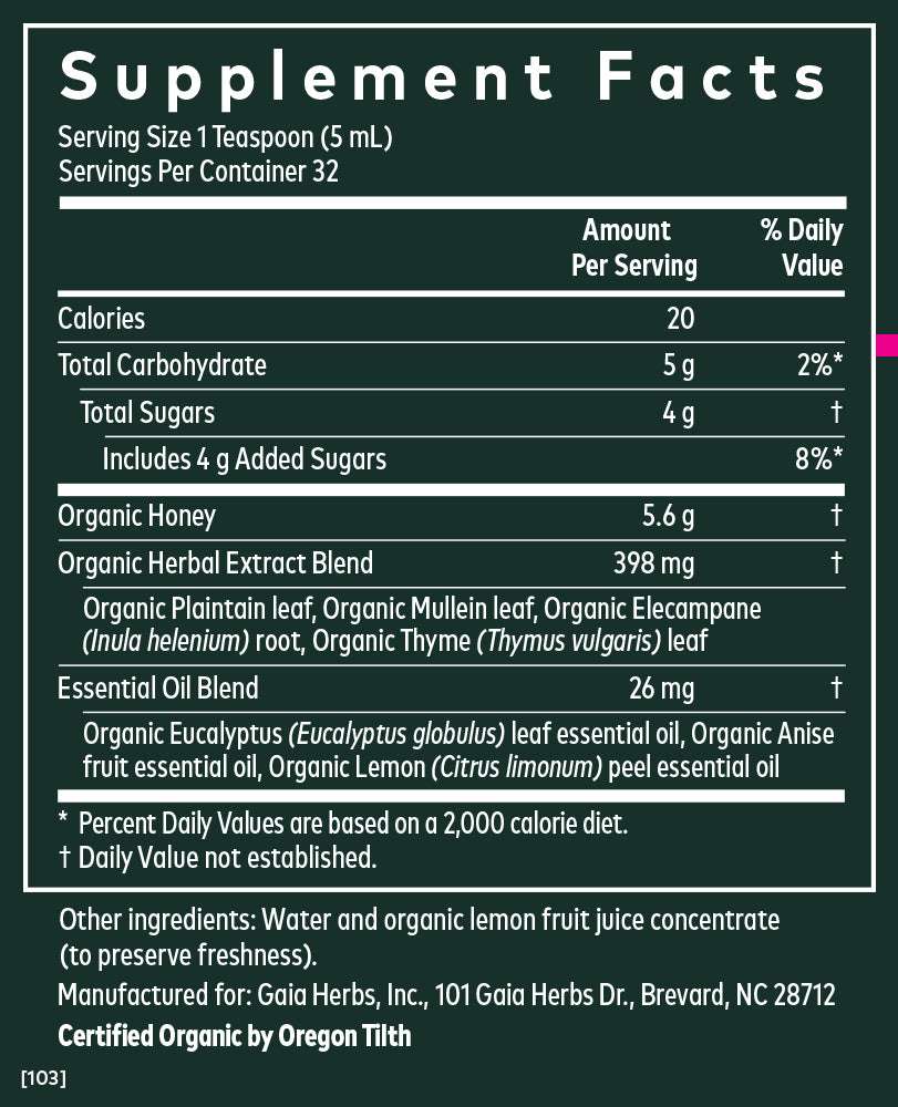 Bronchial Wellness Syrup Supplement Facts label detailing herbal ingredients and dosage

