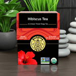 Hibiscus Tea box front view with vivid red floral design, certified organic herbal tea for relaxation and wellness