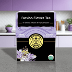Passion Flower Tea calming blend front packaging with decorative flowers, relaxing tea for stress relief and sleep support


