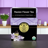 Passion Flower Tea organic herbal blend for calm and relaxation, front view with minimalist decor and natural setting

