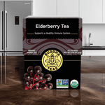 Immune-boosting Elderberry Tea box with natural elderberries and minimalist kitchen setting

