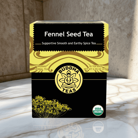 Organic Fennel Seed Tea herbal digestive tea with calming benefits, displayed on kitchen countertop

