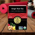 Ginger Root Tea front packaging with ginger slices and turmeric, organic herbal tea for digestion and inflammation relief


