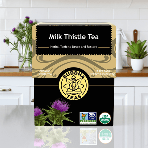 Organic Milk Thistle Tea box on kitchen counter, liver detox herbal tea with USDA organic certification

