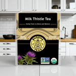 Milk Thistle Tea front packaging with vibrant milk thistle flowers, organic liver cleanse support

