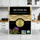 Milk Thistle Tea front packaging with vibrant milk thistle flowers, organic liver cleanse support

