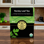 Parsley Leaf Tea organic herbal tea for kidney and urinary health, displayed with fresh parsley in kitchen setting

