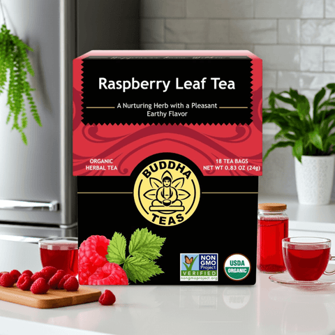 Raspberry Leaf Tea organic herbal supplement for women’s wellness, front package with real raspberries and green leaves

